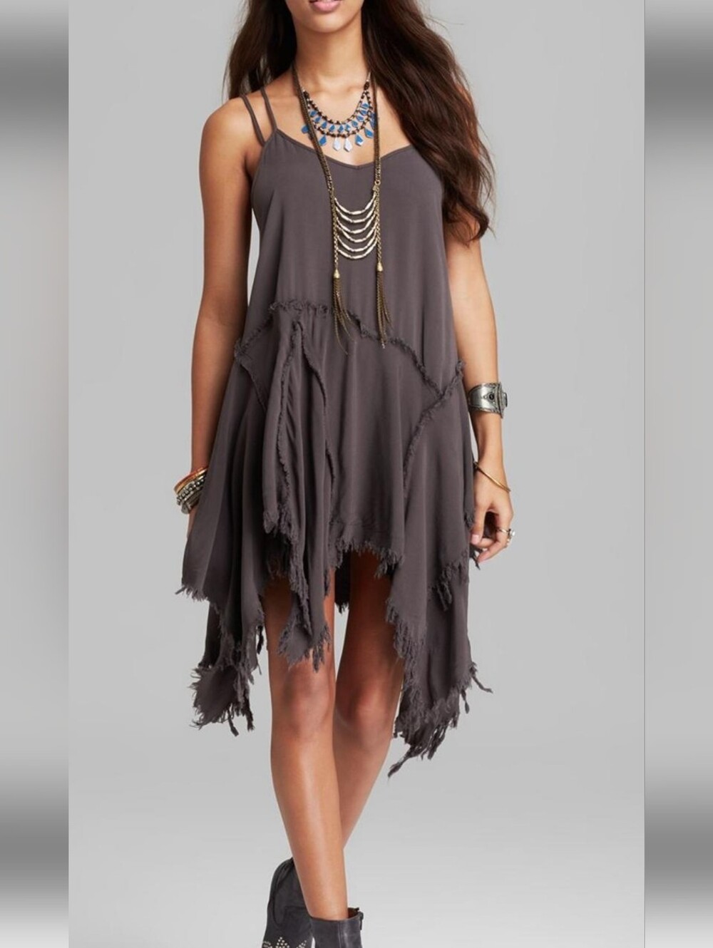Free People Tattered Up Shred Slip Dress In Charcoal Gray Sz Small